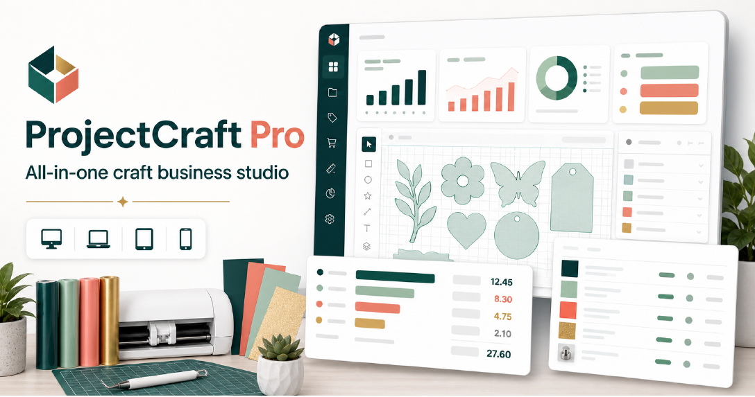 ProjectCraft Pro dashboard mockup with SVG tools, pricing cards, vinyl rolls, and a craft cutting machine